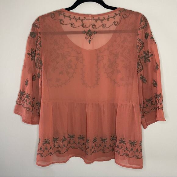 Free People Pennies Sequel Semi-Sheer Rust Embroidered Top Size M - Picture 6 of 6